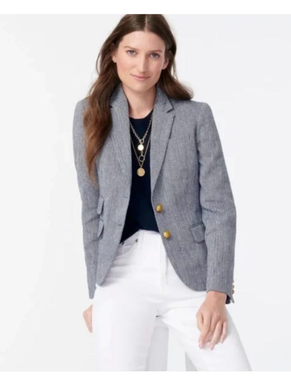 Jcrew  Dalton Blazer- Herringbone pattern cotton linen blend gold button sz 4